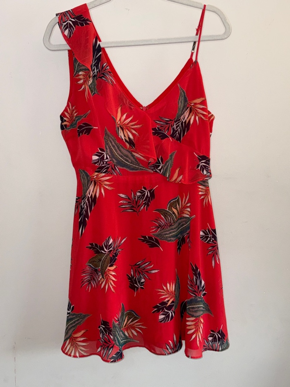Lumiere, Red Tropical Leaf V-Neck Slip Dress Size Large